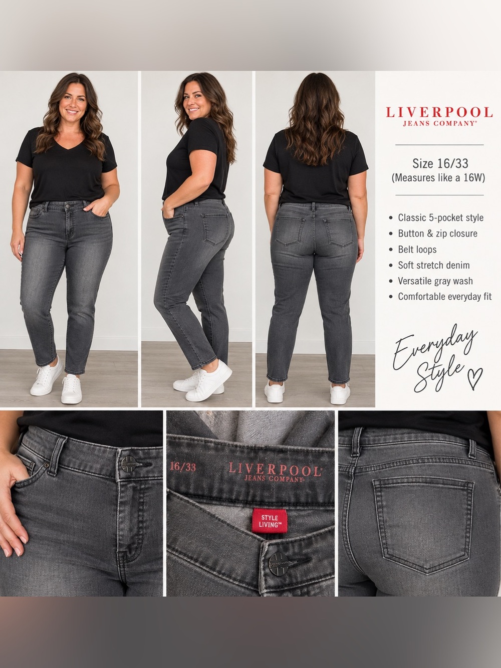 Liverpool Jeans Company Gray Denim Jeans – Size 16/33 – 36” Waist